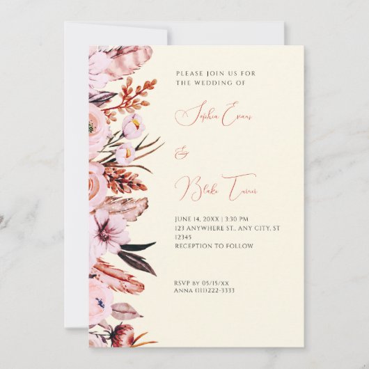 Invitation Boho rose et Brown Fleurs/Plumes Mariage jaune (Devant)