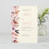 Invitation Boho rose et Brown Fleurs/Plumes Mariage jaune (Debout devant)
