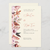 Invitation Boho rose et Brown Fleurs/Plumes Mariage jaune (Devant / Derrière)