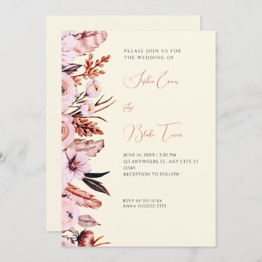 Invitation Boho rose et Brown Fleurs/Plumes Mariage jaune (Devant / Derrière)