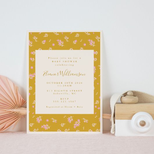 Invitation Boho rose et moutarde Jaune Baby shower floral