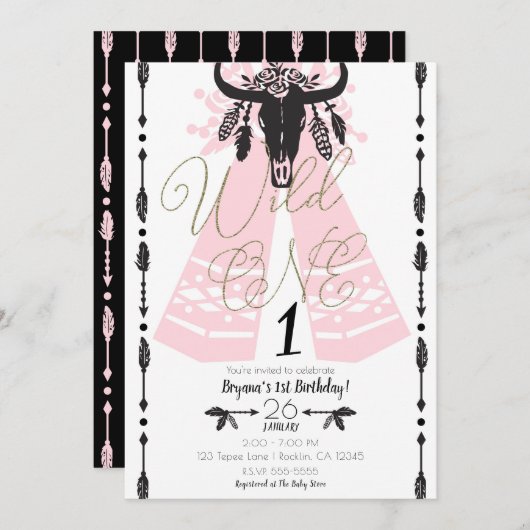 Invitation Boho rose et noir Chic Wild ONE 1ère fête d'annive (Devant / Derrière)