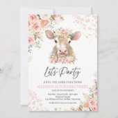 Invitation Boho Rose Et Or Florals Vache Anniversaire (Devant)