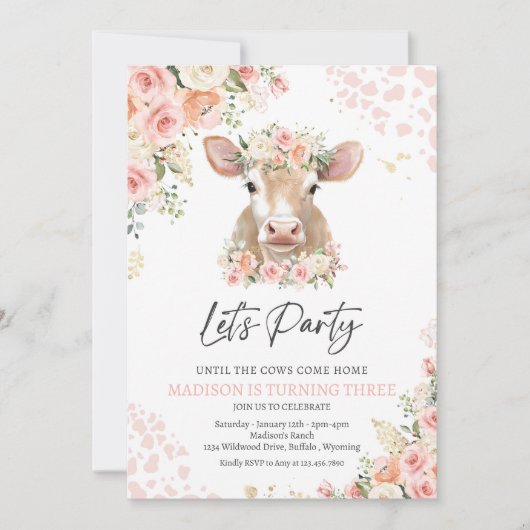 Invitation Boho Rose Et Or Florals Vache Anniversaire (Devant)