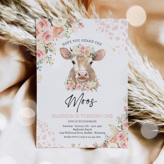 Invitation Boho Rose Et Or Florals Vache Anniversaire