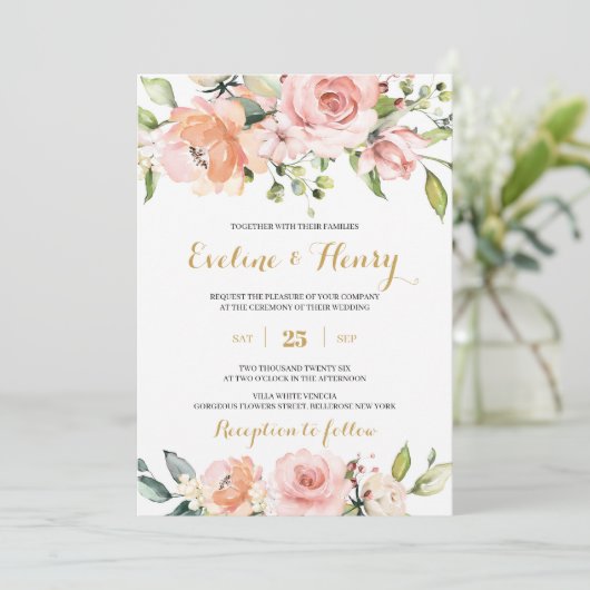 Invitation Boho rose et pêche floral et or mariage (Debout devant)