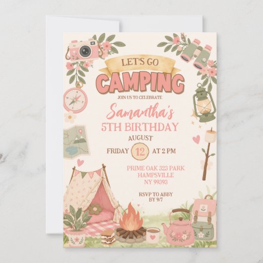 Invitation Boho Rose Faisons du Camping Anniversaire (Devant)