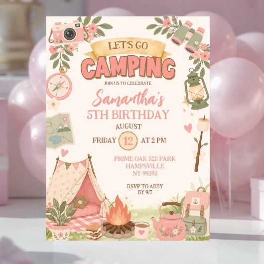 Invitation Boho Rose Faisons du Camping Anniversaire