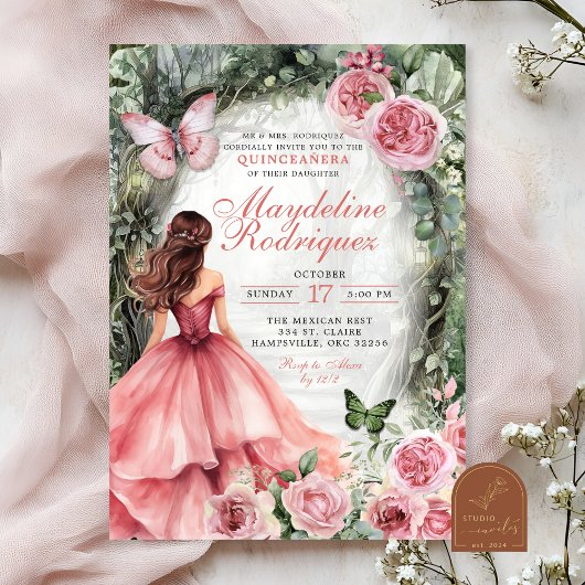 Invitation Boho Rose Fantaisiste Quinceanera Forêt