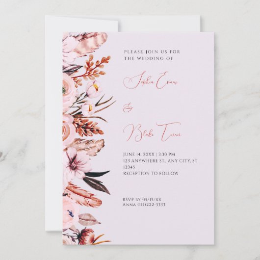 Invitation Boho Rose & Fleurs Brown/Plumes Mariage violet (Devant)