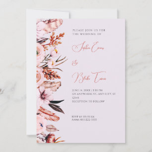 Invitation Boho Rose & Fleurs Brown/Plumes Mariage violet