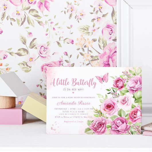 Invitation Boho Rose Floral Aquarelle Baby shower papillon
