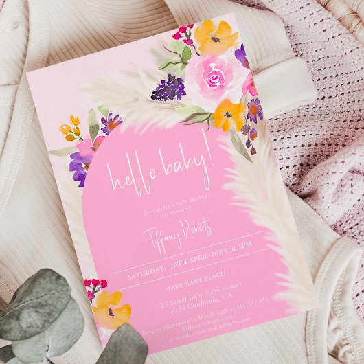 Invitation Boho rose floral arche fille baby shower bonjour