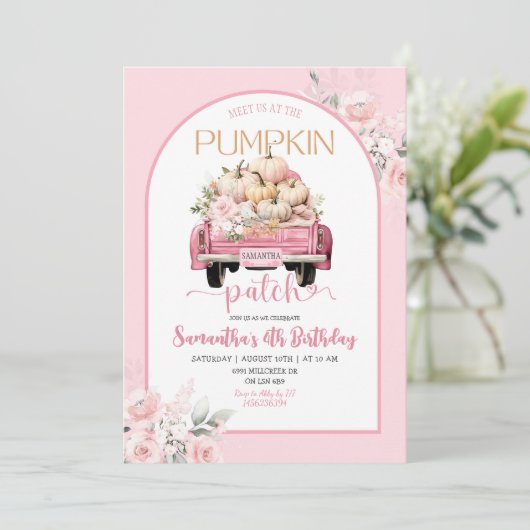 Invitation Boho rose Floral Automne thème Citrouille Patch An (Debout devant)