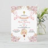 Invitation Boho Rose Floral Blonde Petite Fille Baptême Saint (Debout devant)