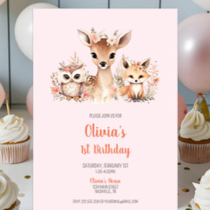 Invitation Boho rose Floral Bois animal 1er anniversaire