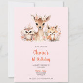 Invitation Boho rose Floral Bois animal 1er anniversaire