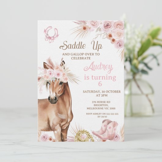 Invitation Boho rose Floral Brown Cheval selle vers le haut A (Debout devant)