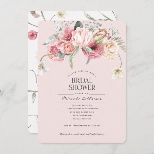 Invitation boho rose floral chic floral nuptiale (Devant / Derrière)