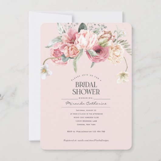 Invitation boho rose floral chic floral nuptiale (Devant)