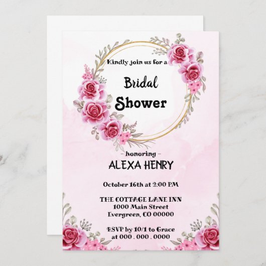 Invitation Boho rose floral élégant (Devant / Derrière)