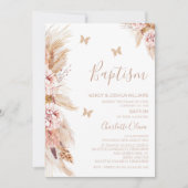 Invitation Boho Rose Floral Et Papillons Baptême (Devant)