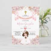 Invitation Boho Rose Floral Girl Première Sainte Communion (Debout devant)