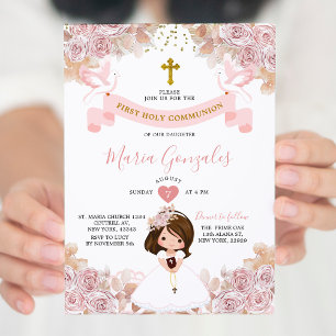 Invitation Boho Rose Floral Girl Première Sainte Communion