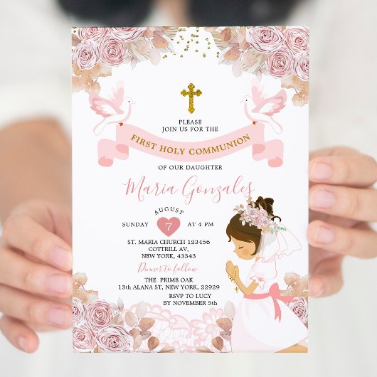 Invitation Boho Rose Floral Girl Première Sainte Communion