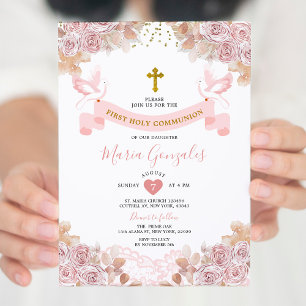 Invitation Boho Rose Floral Girl Première Sainte Communion