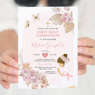 Invitation Boho Rose Floral Girl Première Sainte Communion