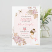 Invitation Boho Rose Floral Girl Première Sainte Communion (Debout devant)