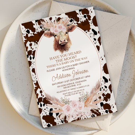 Invitation Boho Rose Floral Highland Vache Baby shower