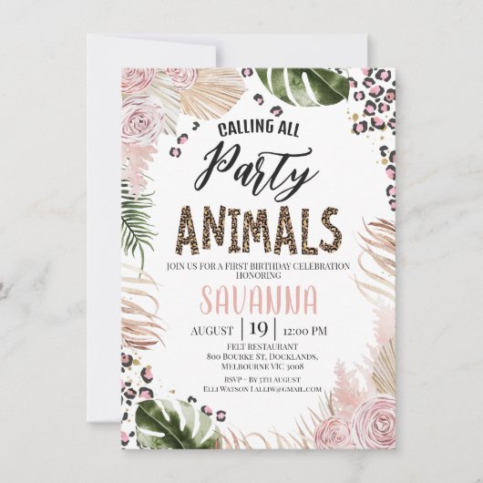 Invitation Boho Rose Floral Imprimé Guépard Safari 1er Annive (Devant)