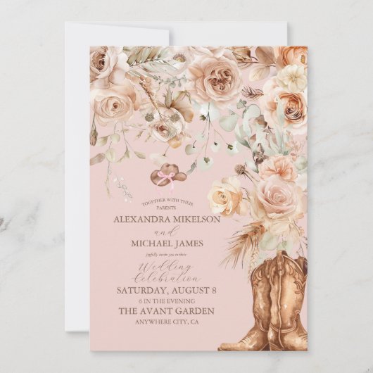Invitation Boho rose Floral Mariage occidental (Devant)