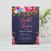 Invitation Boho Rose Floral Navy Chalkboard Fête des mariées (Debout devant)