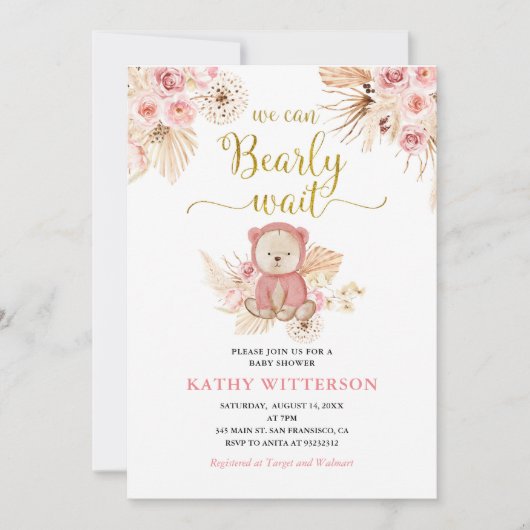 Invitation Boho rose Floral Nous pouvons Bearly Wait Baby sho (Devant)