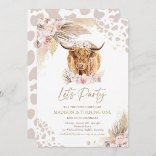 Invitation Boho Rose Floral Pampas Grass Highland Cow Party
