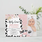 Invitation Boho rose Floral Photo Une Vache Sainte 1er Annive (Debout devant)