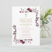 Invitation Boho rose floral première communion sainte (Debout devant)