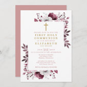 Invitation Boho rose floral première communion sainte (Devant / Derrière)