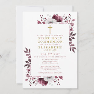 Invitation Boho rose floral première communion sainte