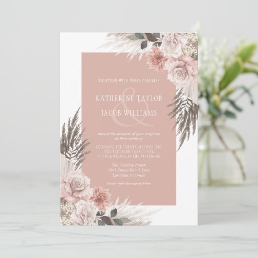 Invitation Boho rose Floral QR Code RSVP Mariage (Debout devant)