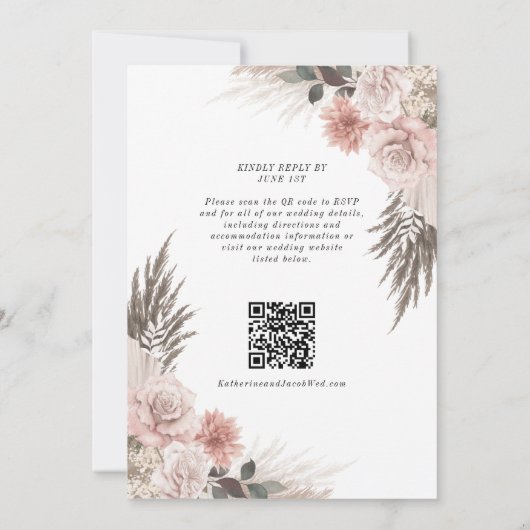 Invitation Boho rose Floral QR Code RSVP Mariage (Dos)