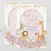 Invitation Boho rose Floral Safari Wild Un Baby shower (Devant / Derrière)