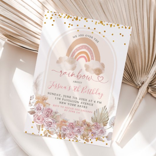 Invitation Boho rose Floral sur l'arc-en-ciel Invitat Anniver