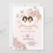 Invitation Boho rose Floral Twin Girl première sainte communi (Devant)