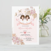 Invitation Boho rose Floral Twin Girl première sainte communi (Debout devant)