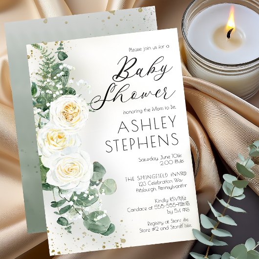 Invitation Boho Rose florale blanche | Baby shower Eucalyptus