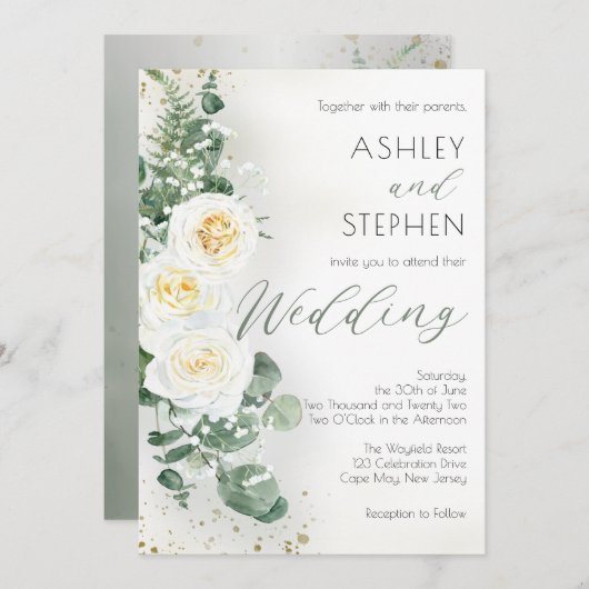 Invitation Boho Rose florale blanche | Eucalyptus Mariage (Devant / Derrière)